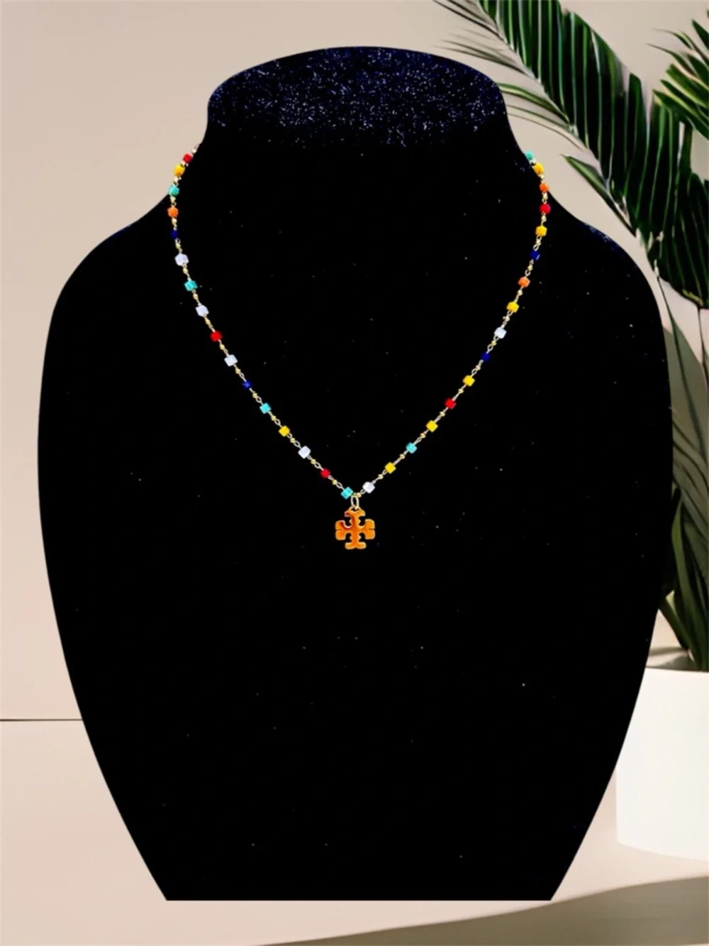 Tory Burch Dainty Multicolor Beaded Necklace Gold Logo Pendant in 18k Gold.